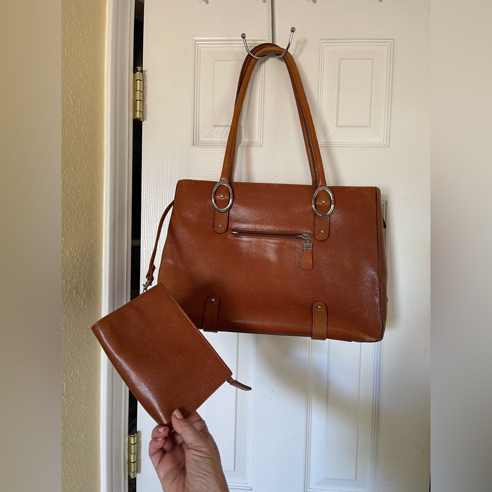 Franklin Covey Large Leather Business Tote with matching pouch, Carmel color